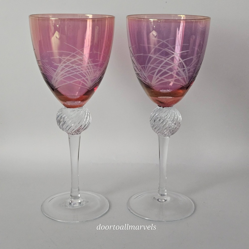 2 VTG Bohemian Hand-Blown Cranberry Cut-to-Clear Wine Glasses Optic Ball Stem